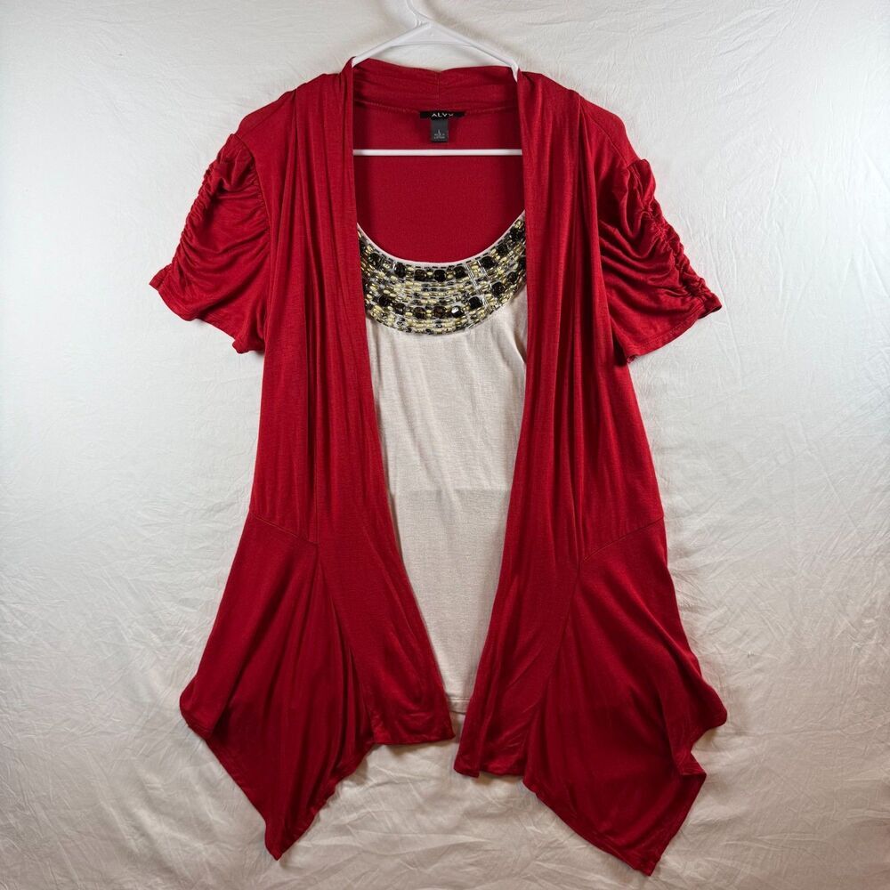 ALYX 2-in-1 Beaded Neckline Tank Cardigan Top Red Cream Large